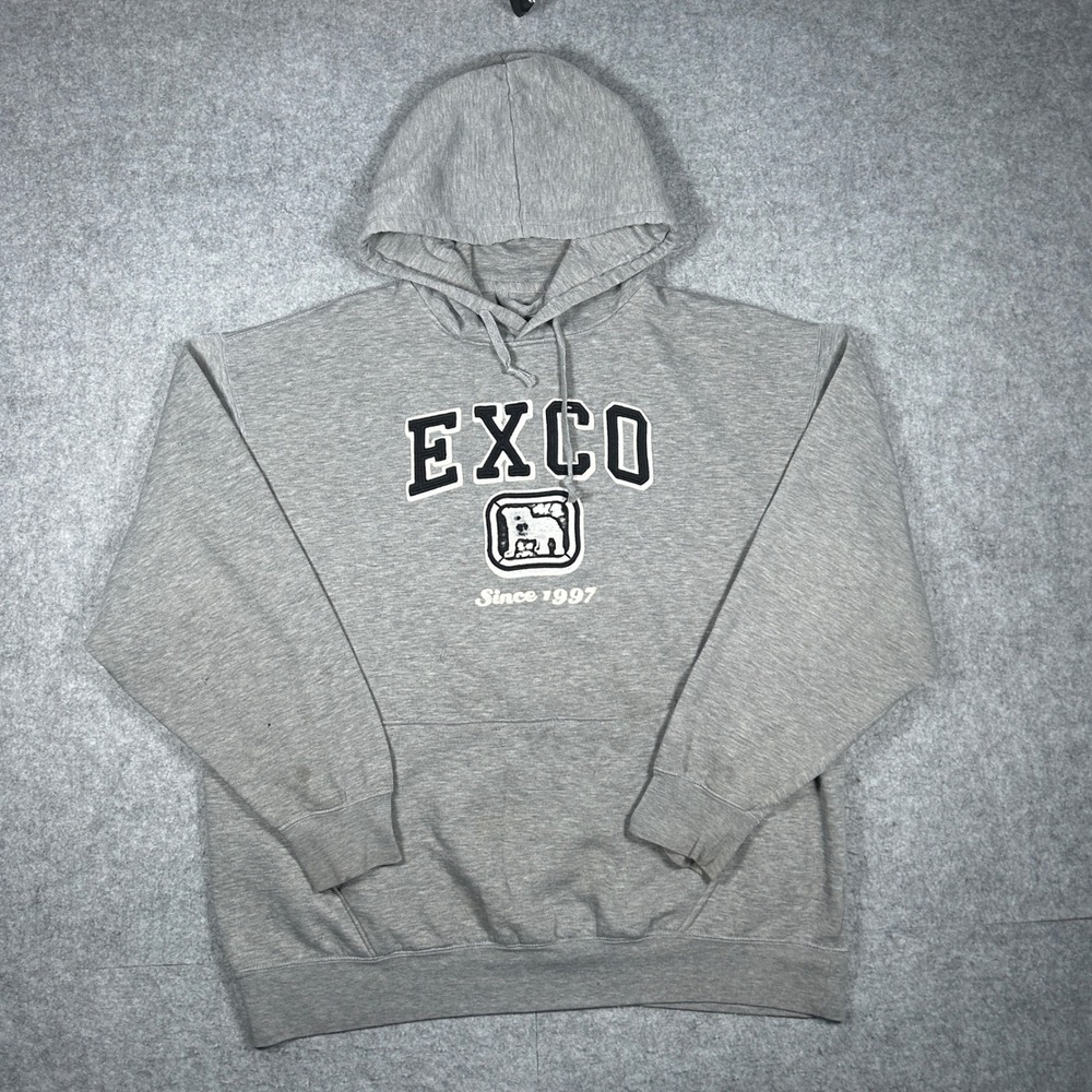 Exco Jeans Hoodie Mens Large Gray Y2K Bulldog Graphic Streetwear Skate Baggy